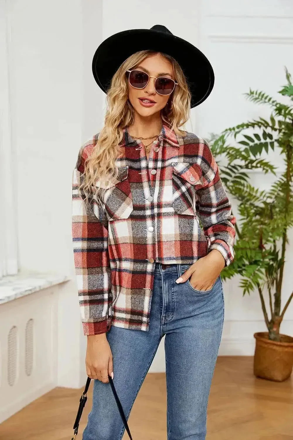 Button Down Collared Plaid Shacket - Bad Moms Club