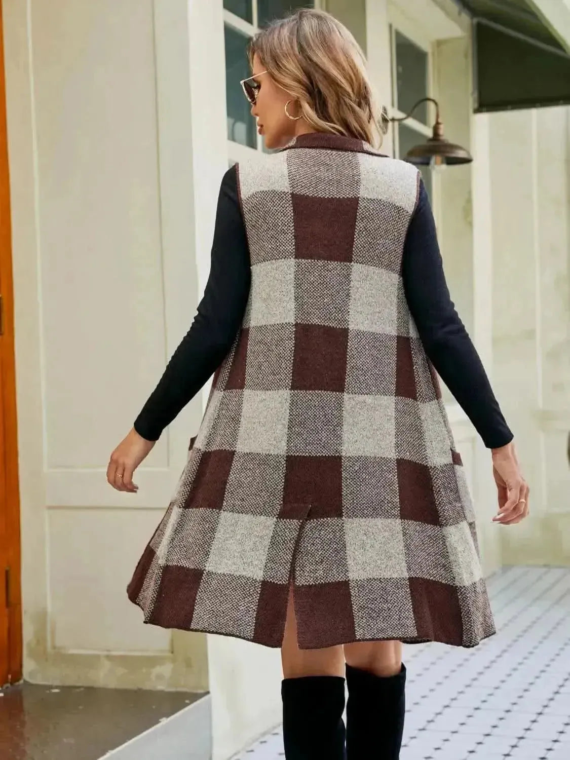 Plaid Lapel Collar Sleeveless Cardigan - Bad Moms Club