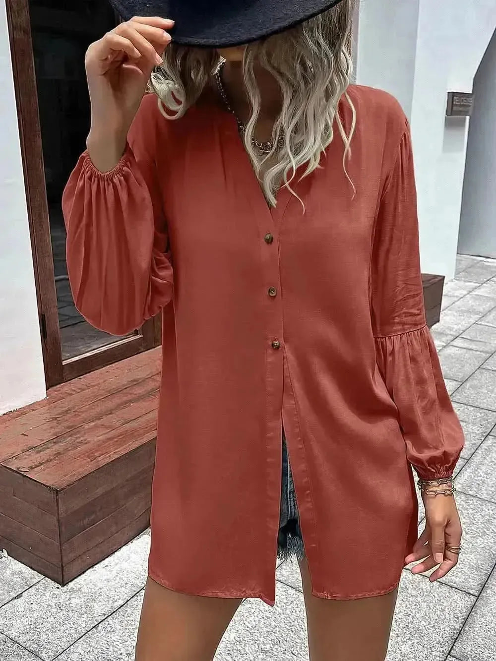 Ivy Lane Notched Neck Balloon Sleeve Shirt - Bad Moms Club