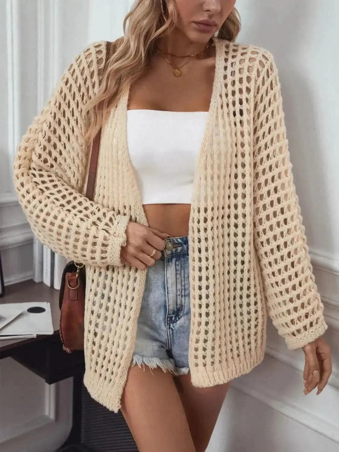 Openwork Open Front Long Sleeve Cardigan - Bad Moms Club