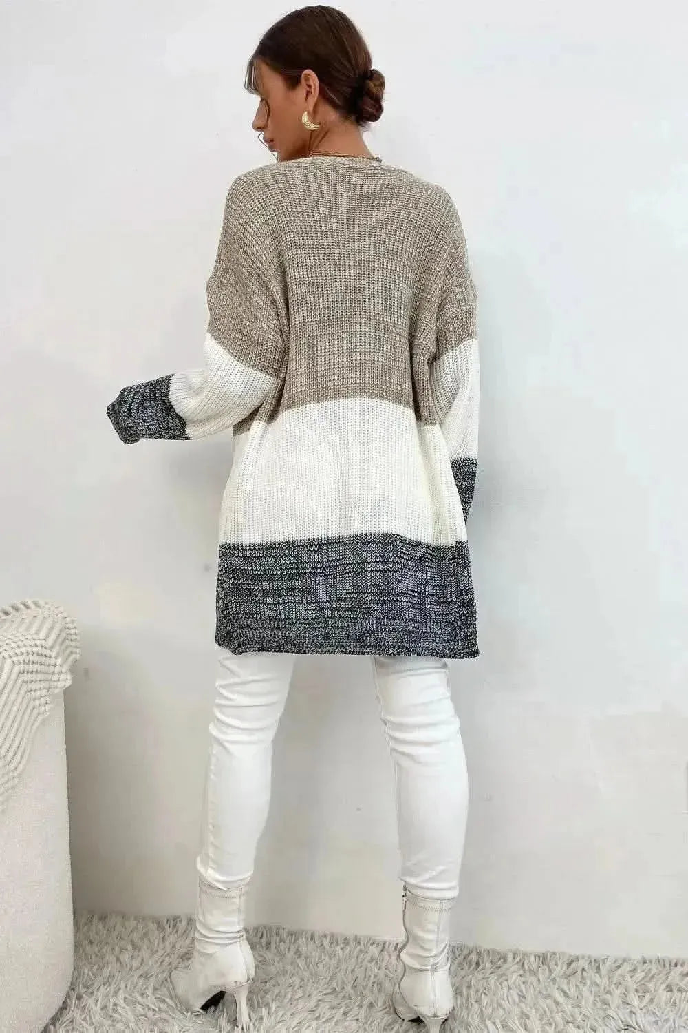 Tricolor Color Block Open Front Cardigan - Bad Moms Club