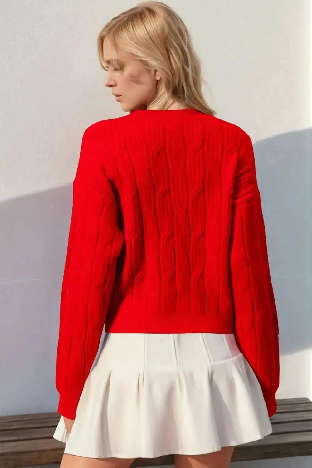 Double Take Full Size Bow Cable-Knit Round Neck Sweater - Bad Moms Club