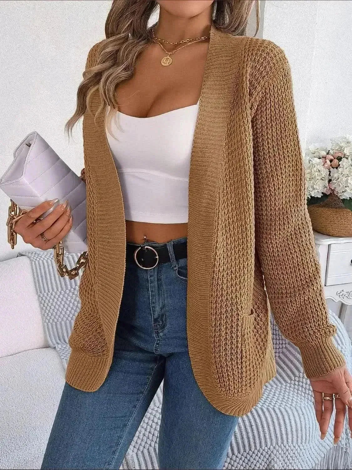 Open Front Long Sleeve Cardigan with Pockets - Bad Moms Club