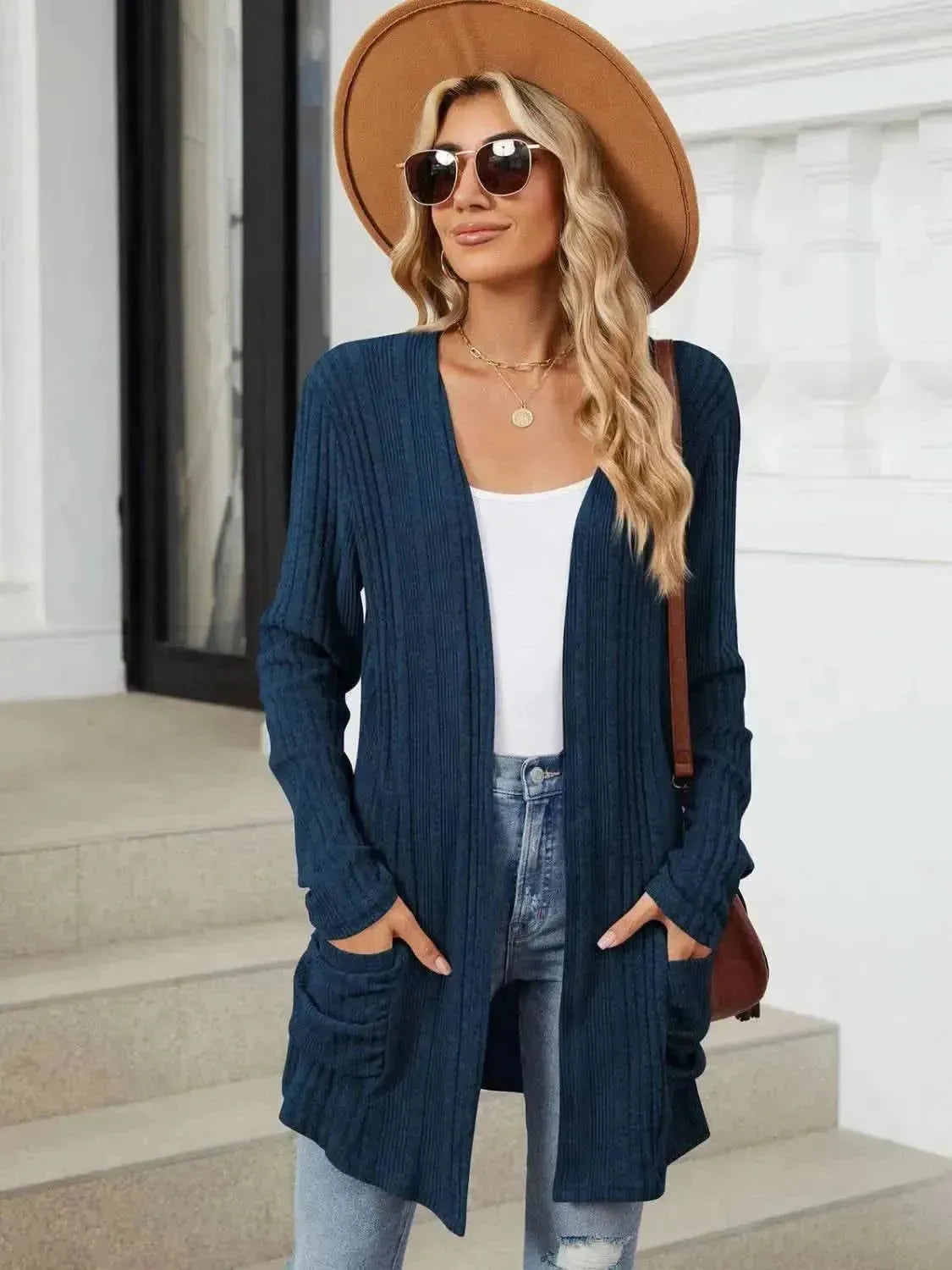 Pocketed Open Front Long Sleeve Cardigan - Bad Moms Club