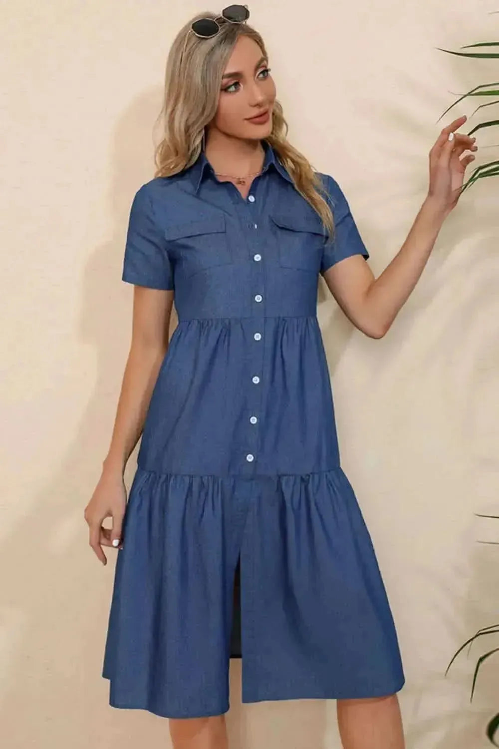Short Sleeve Collared Button Down Denim Dress - Bad Moms Club