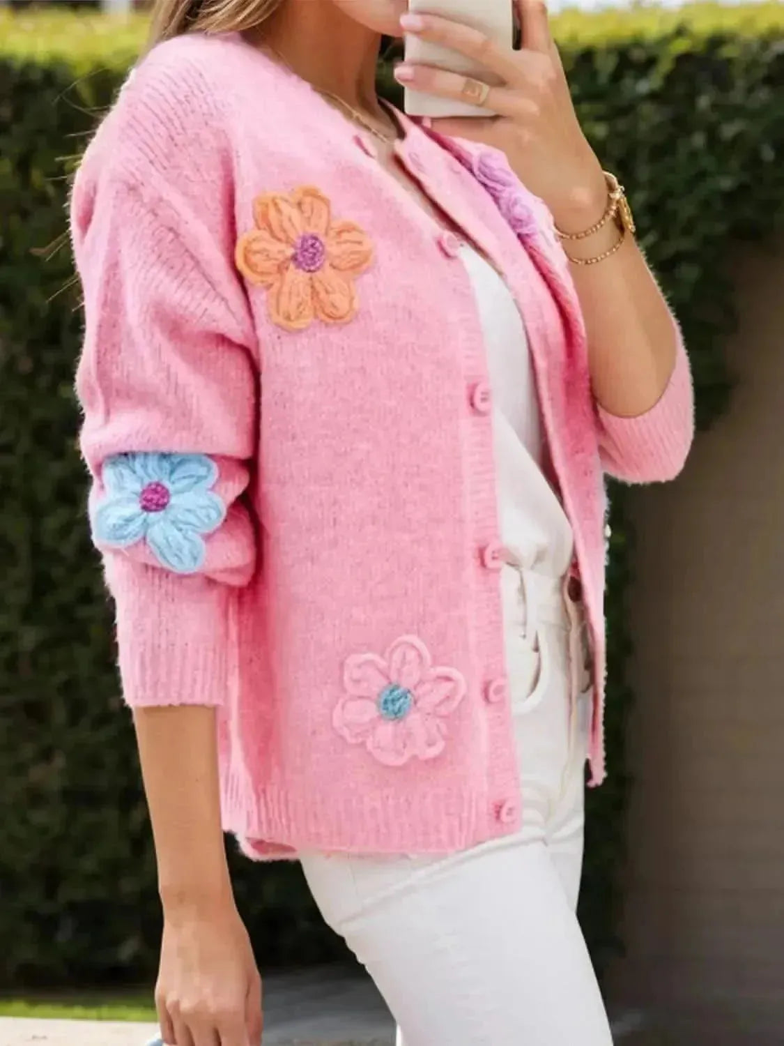 Flower Dropped Shoulder Long Sleeve Cardigan - Bad Moms Club