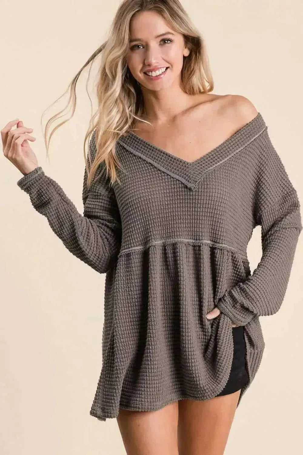 BiBi Waffle Knit V-Neck Babydoll Blouse - Bad Moms Club