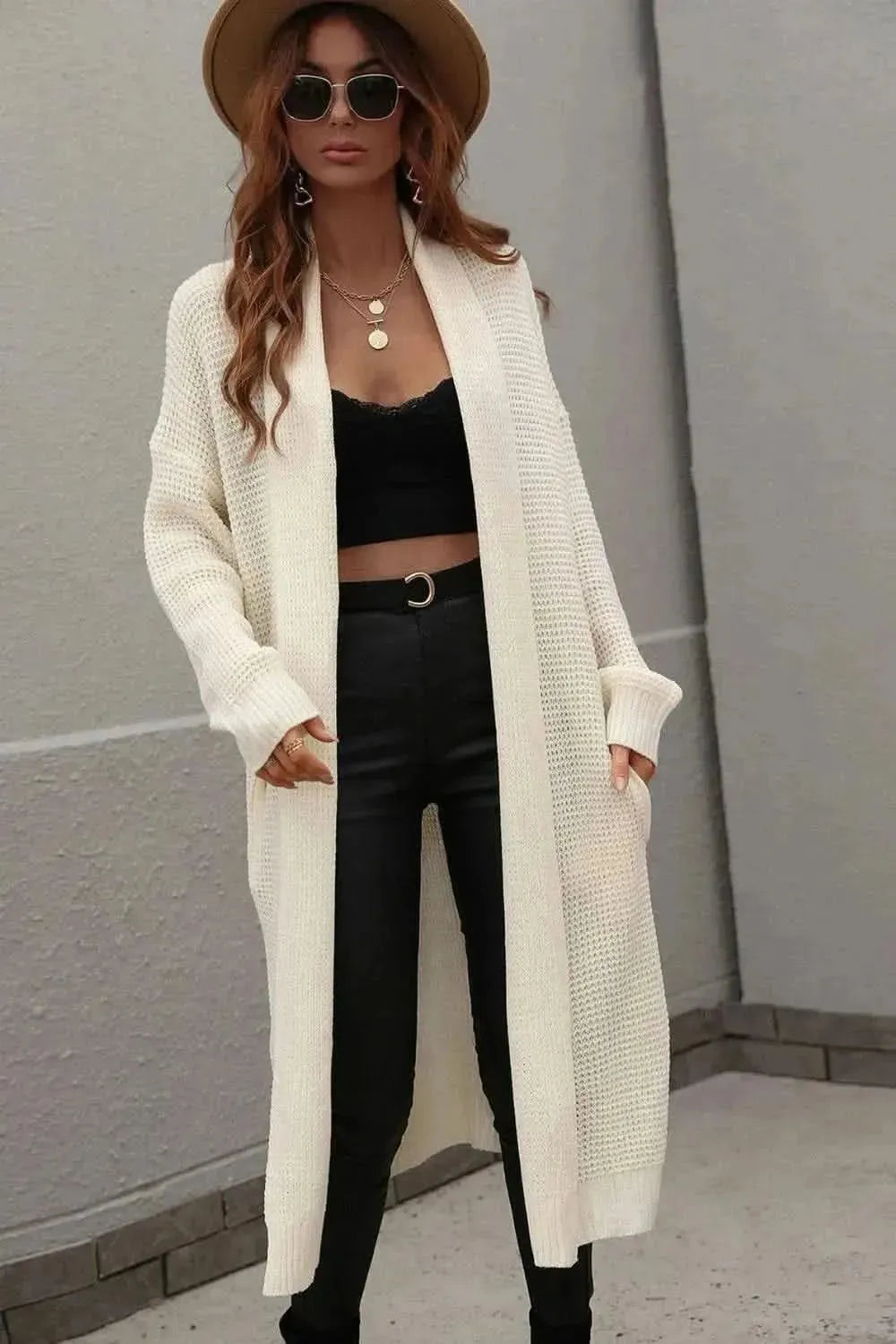 Waffle Knit Open Front Duster Cardigan With Pockets - Bad Moms Club