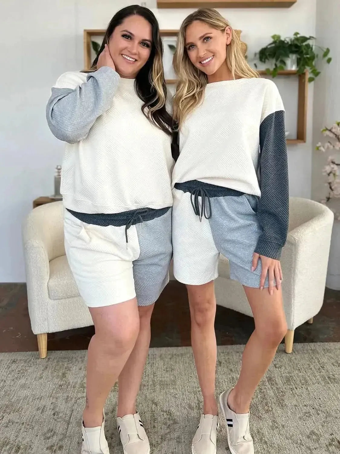 Double Take Full Size Contrast Drop Shoulder Top and Shorts Set - Bad Moms Club
