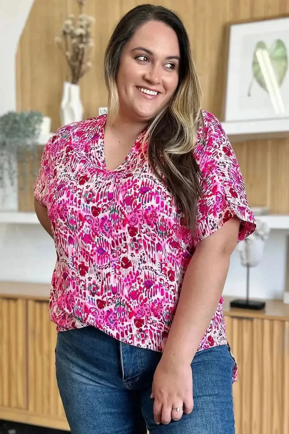 Double Take Full Size Printed V-Neck Short Sleeve Blouse - Bad Moms Club