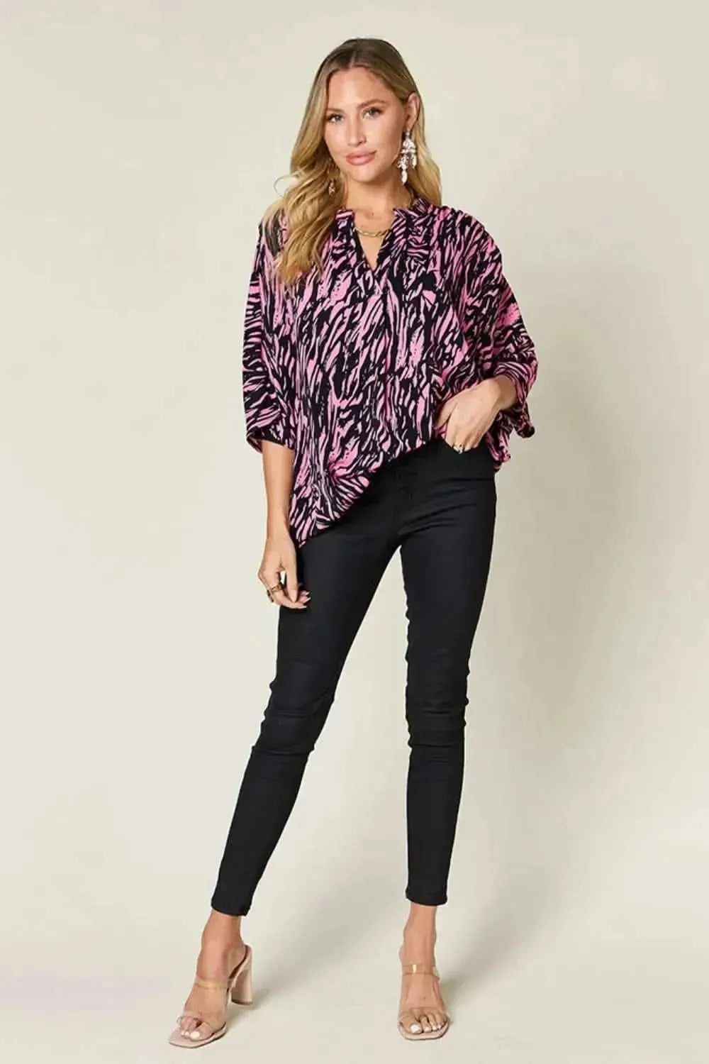 Double Take Full Size Printed Notched Three-Quarter Sleeve Blouse - Bad Moms Club