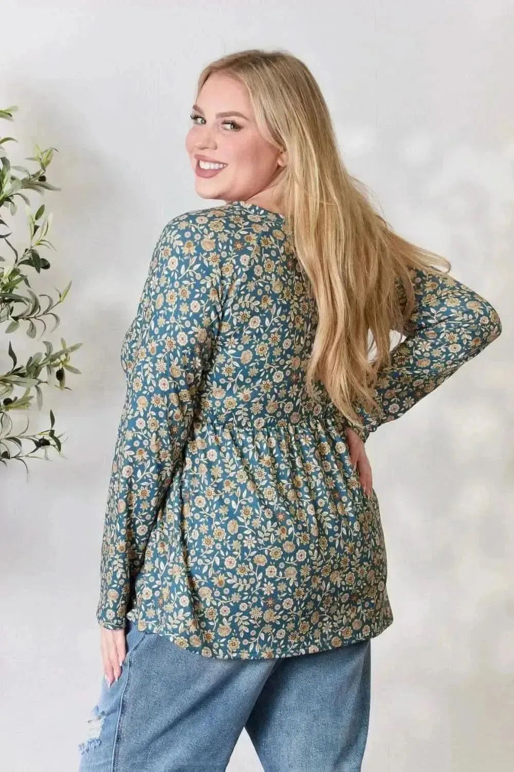 Heimish Full Size Floral Half Button Long Sleeve Blouse - Bad Moms Club