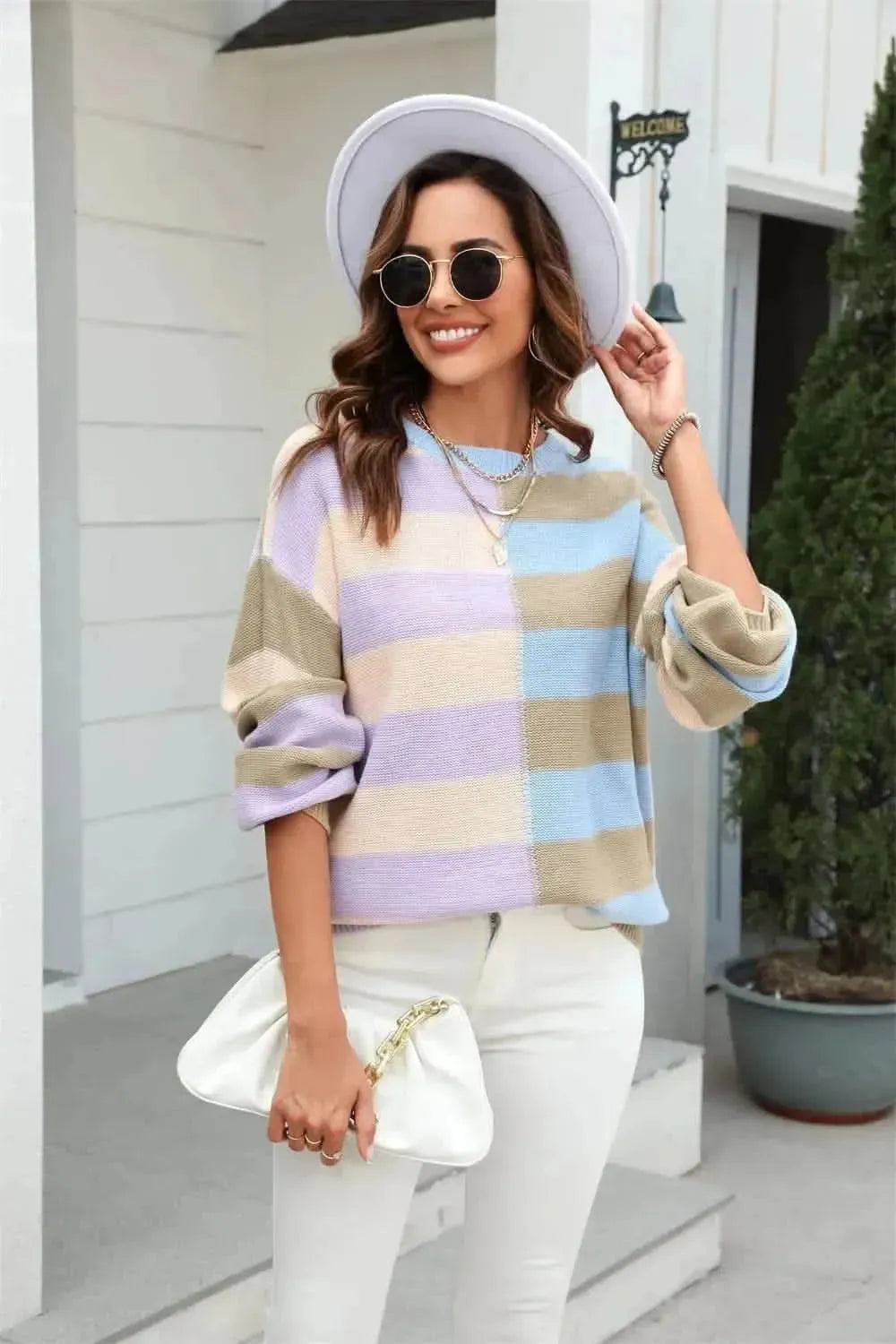 Angel Wings Round Neck Long Sleeve Color Block Dropped Shoulder Pullover Sweater - Bad Moms Club