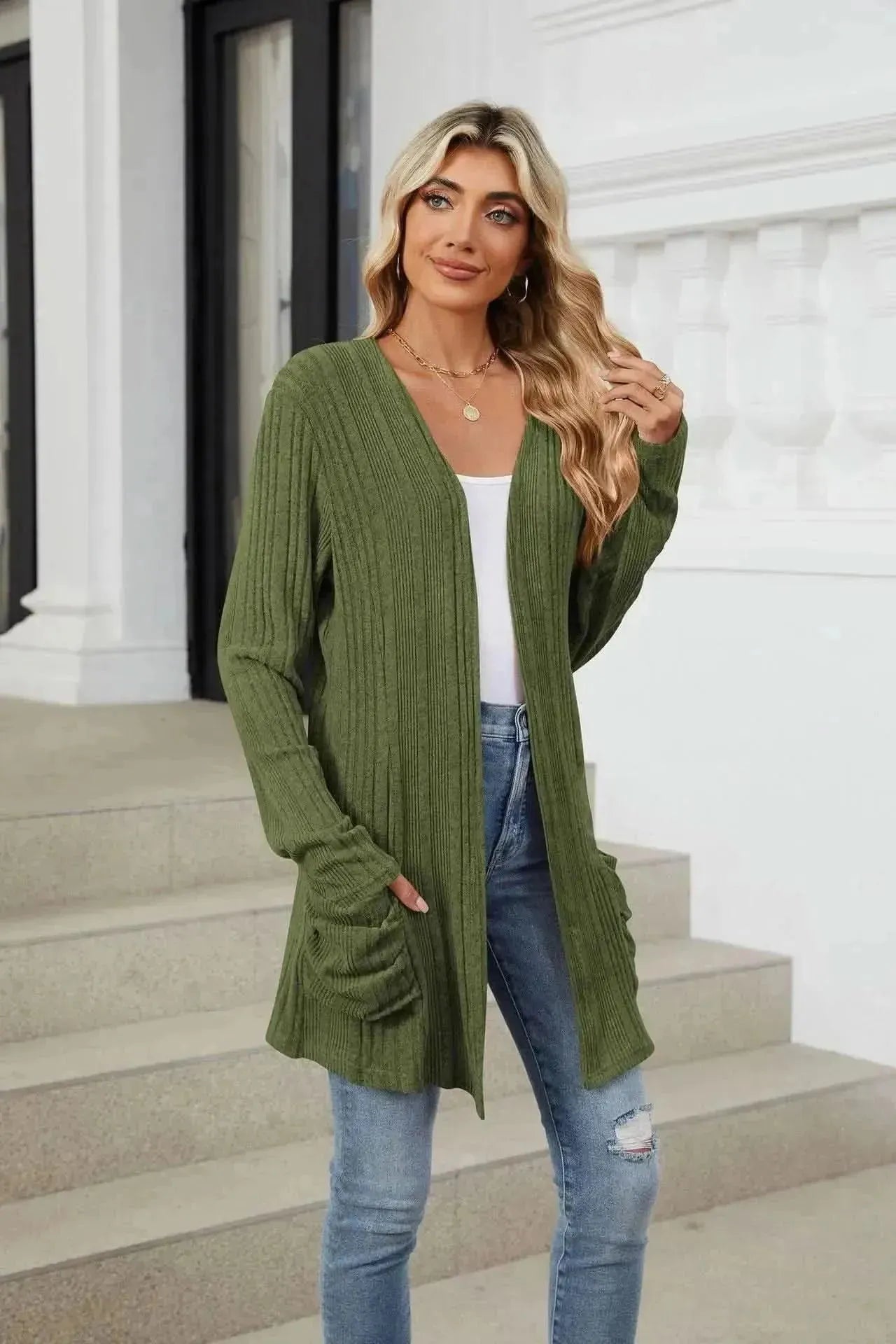 Pocketed Open Front Long Sleeve Cardigan - Bad Moms Club