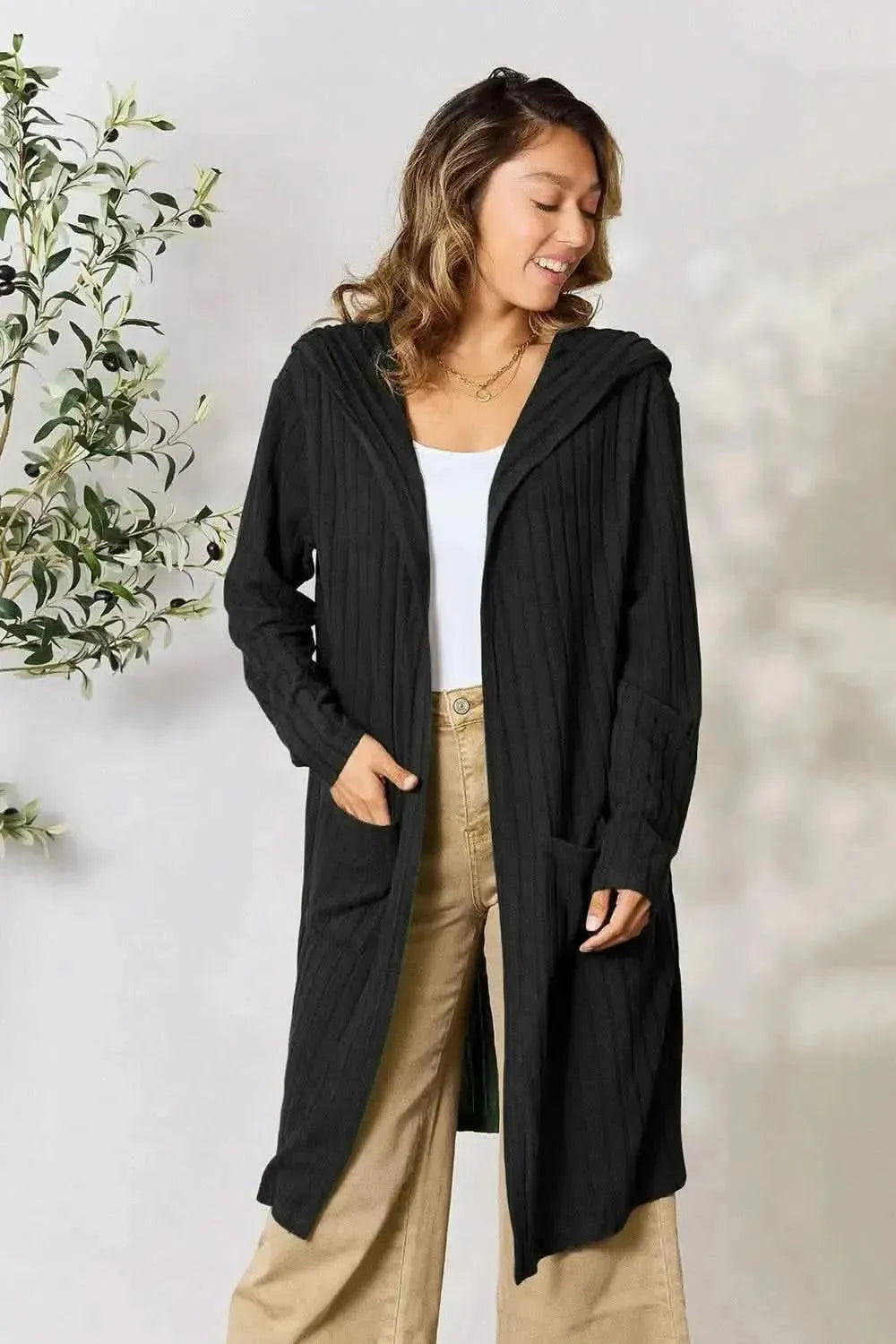 Basic Bae Full Size Hooded Sweater Cardigan - Bad Moms Club