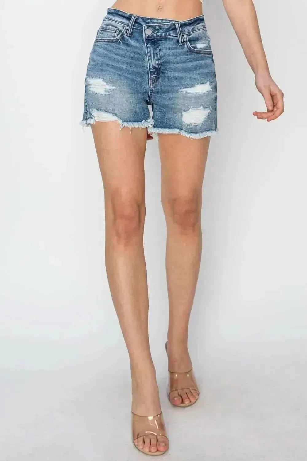 RISEN Stepped Waist Frayed Denim Shorts - Bad Moms Club