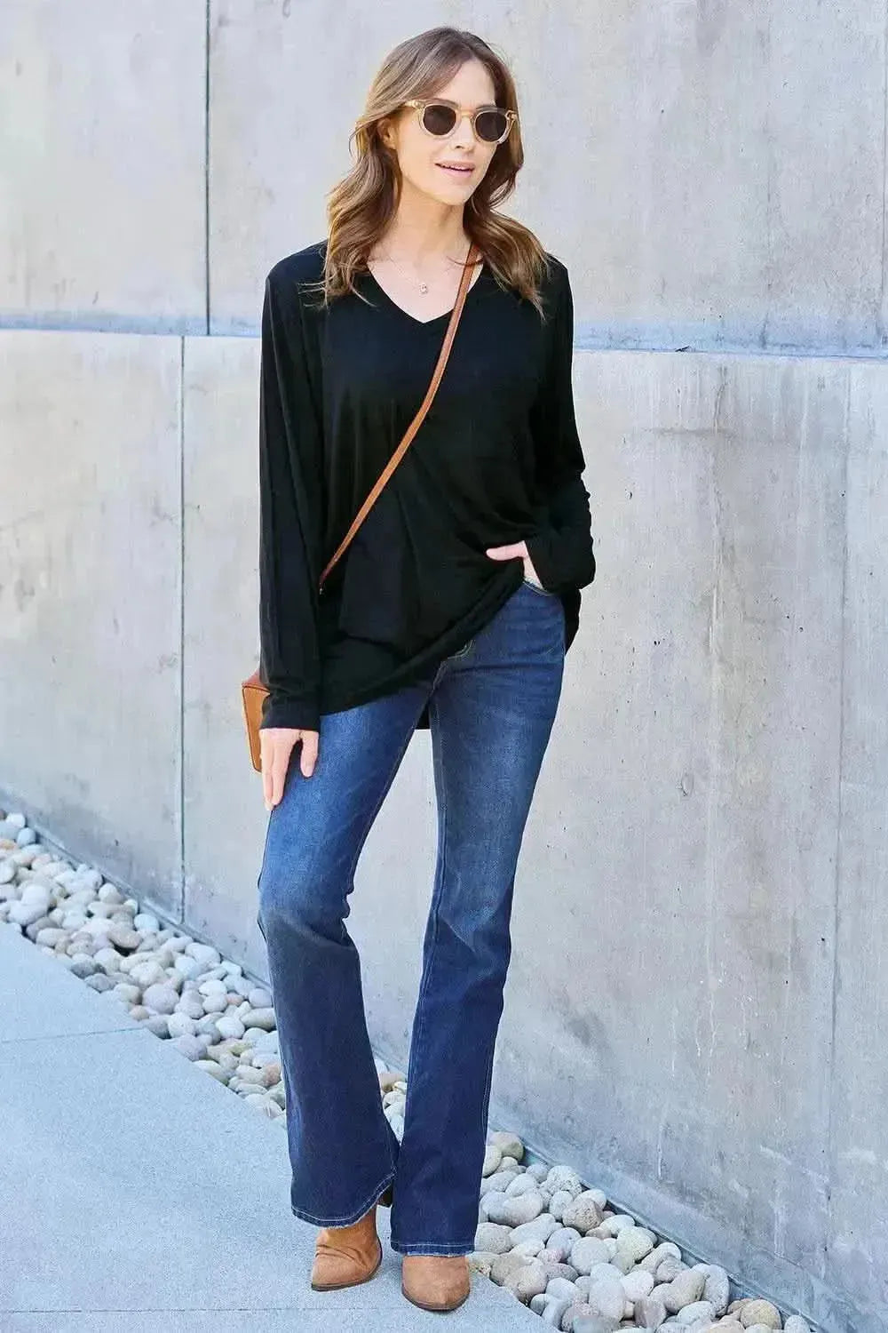Basic Bae Full Size V-Neck Long Sleeve Top - Bad Moms Club