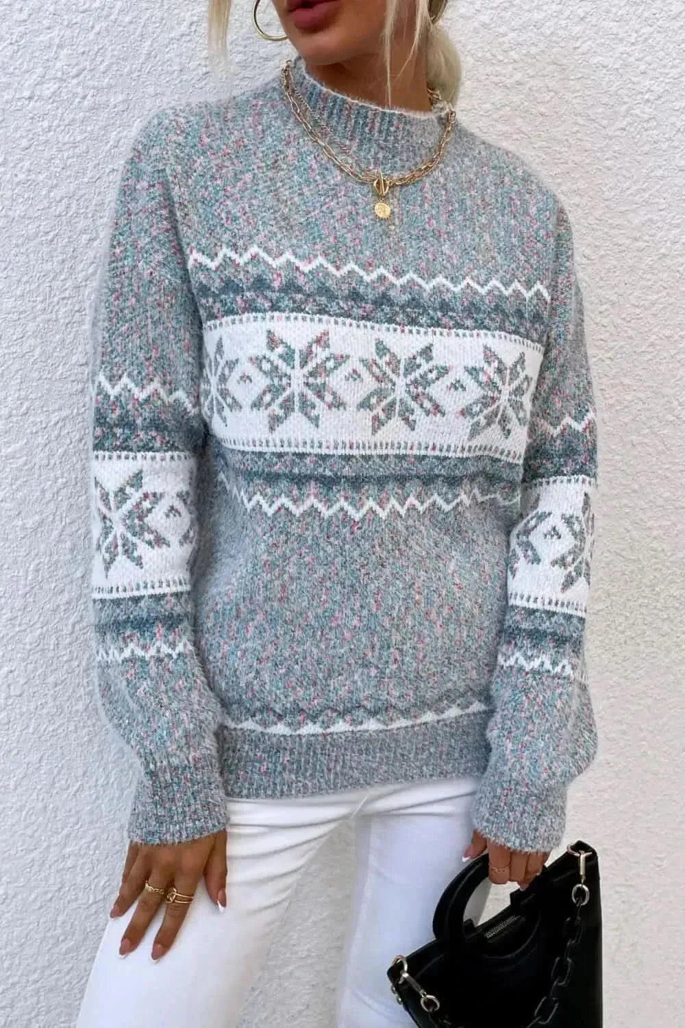 Snowflake Pattern Mock Neck Sweater - Bad Moms Club