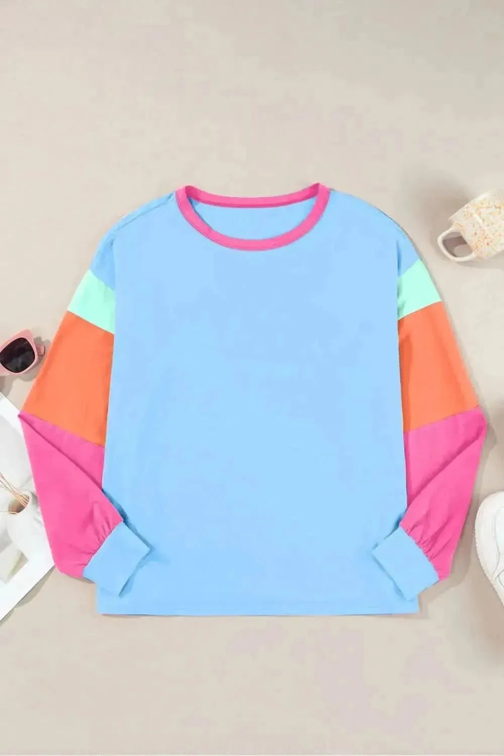 Color Block Round Neck Long Sleeve Top - Bad Moms Club