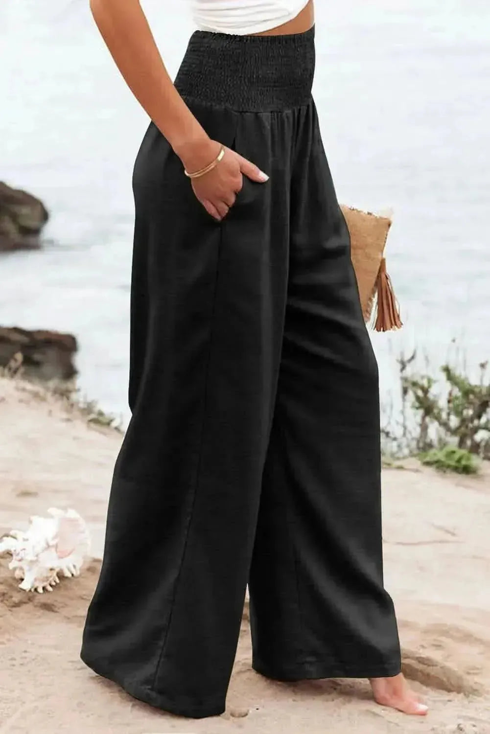 Plus Size Smocked High Waist Wide Leg Pants - Bad Moms Club