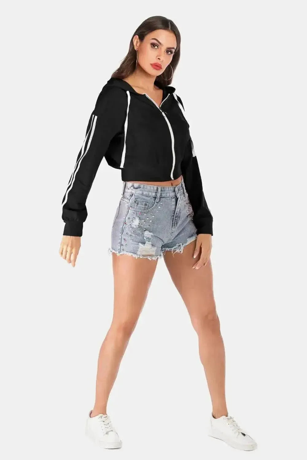 Perfee Side Stripe Drawstring Cropped Hooded Jacket - Bad Moms Club
