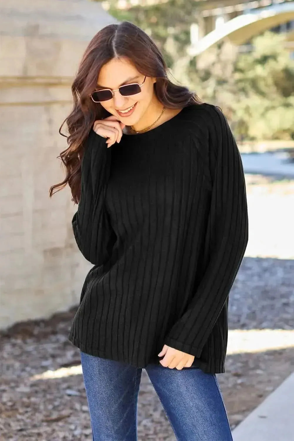 Basic Bae Full Size Ribbed Round Neck Long Sleeve Knit Top - Bad Moms Club