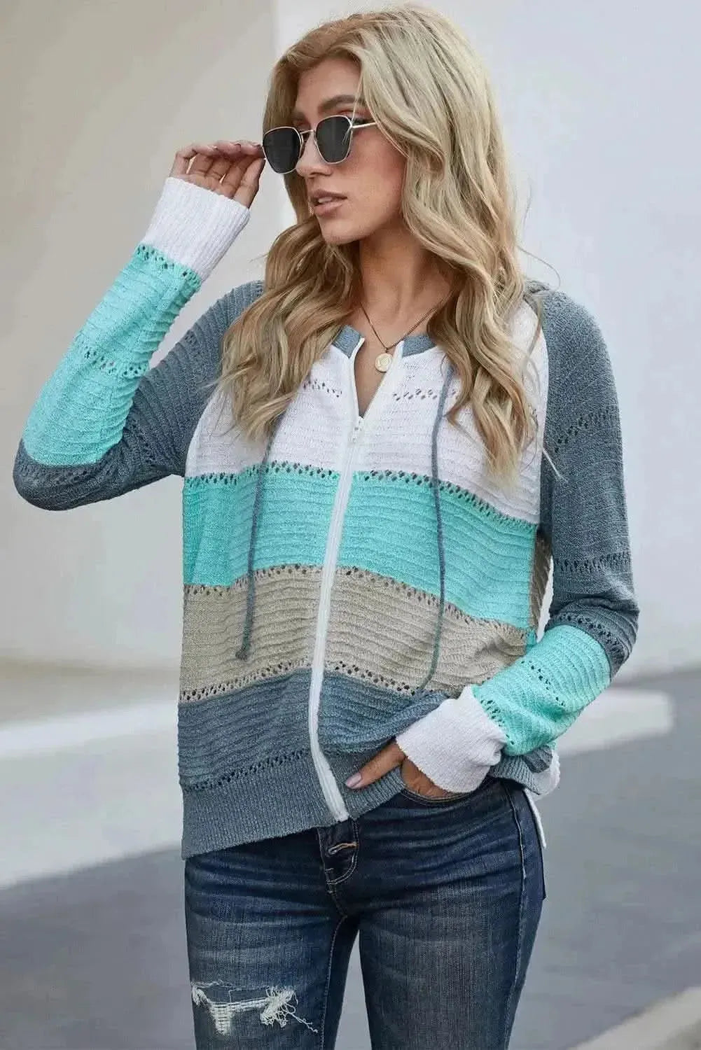 Zip-Up Raglan Sleeve Openwork Hooded Cardigan - Bad Moms Club