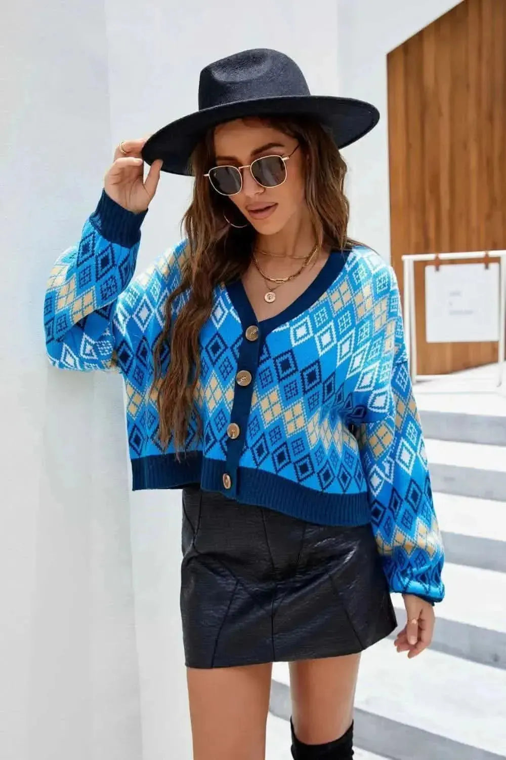 Argyle Button-Up Drop Shoulder Cardigan - Bad Moms Club
