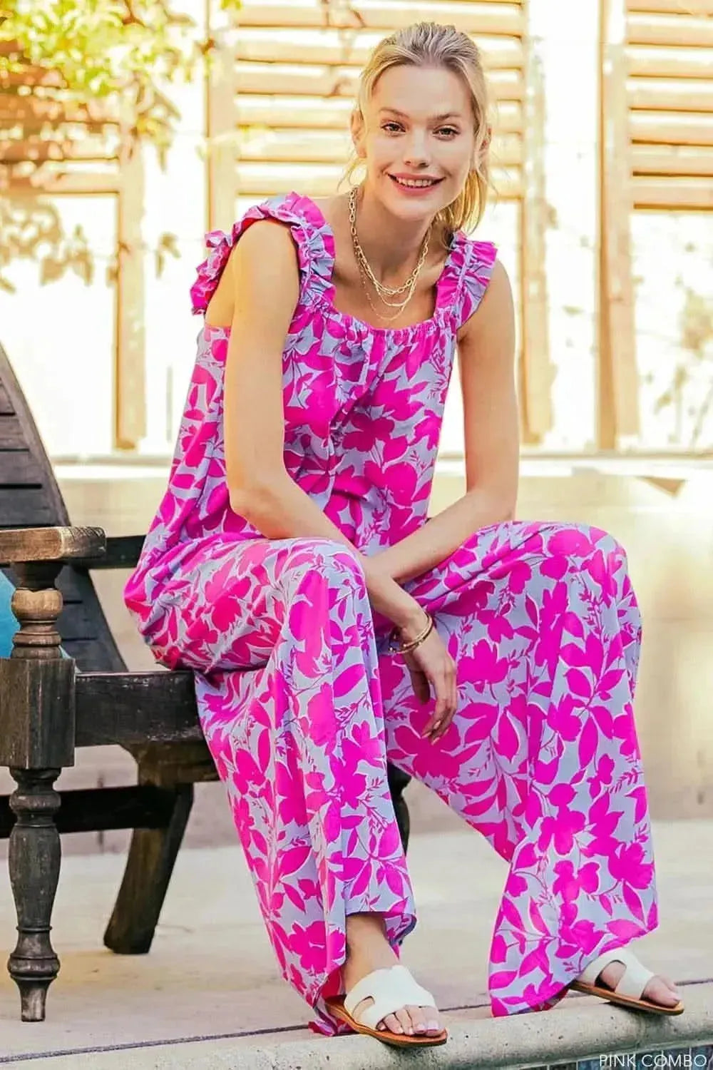 Kori America Printed Sleeveless Wide Leg Jumpsuit - Bad Moms Club