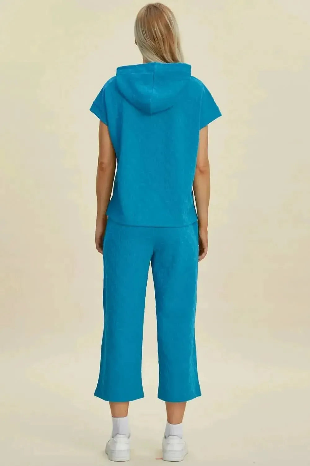 Double Take Full Size Texture Drawstring Short Sleeve Hoodie and Pocketed Pants Set - Bad Moms Club