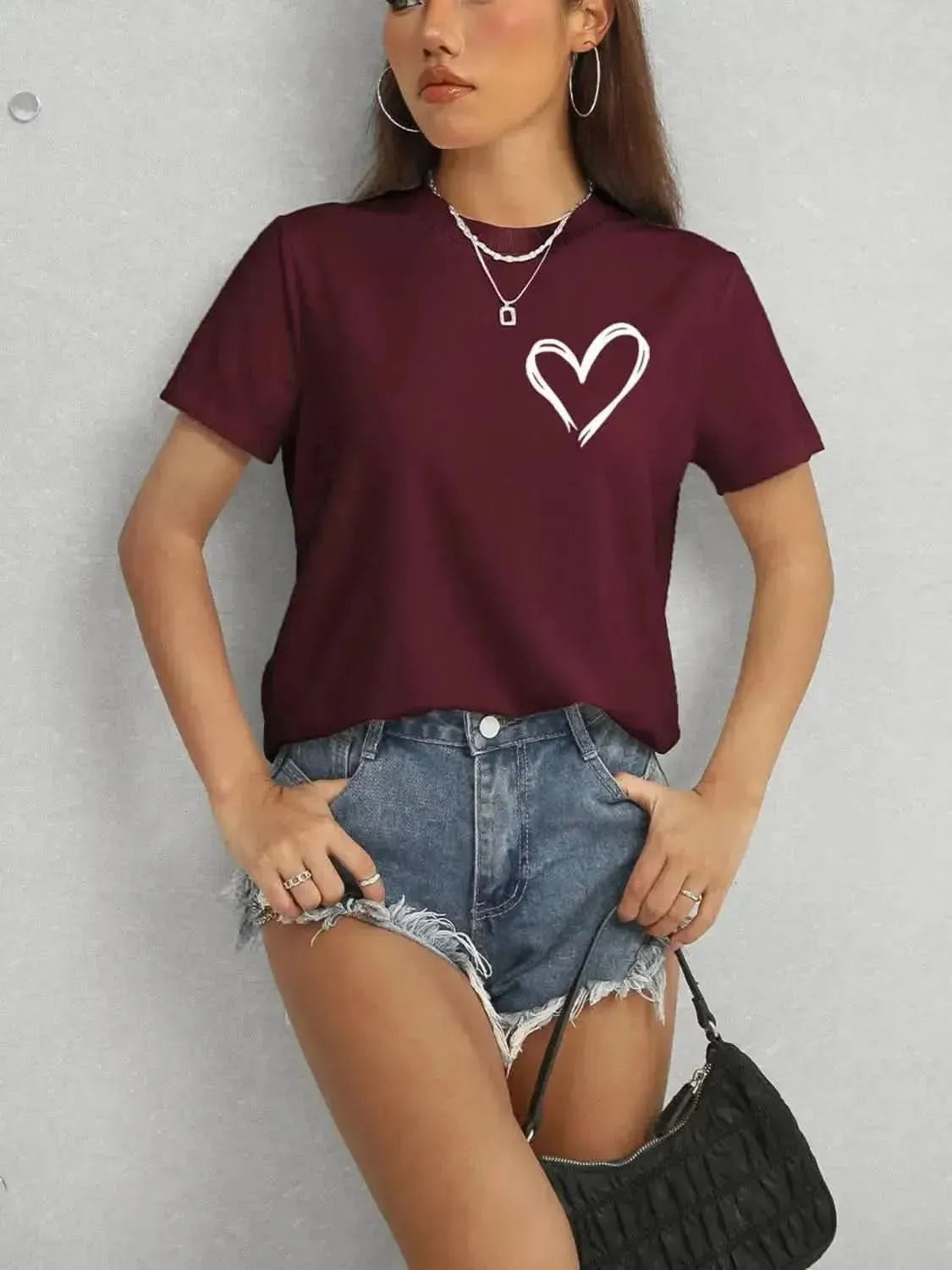 Heart Round Neck Short Sleeve T-Shirt - Bad Moms Club
