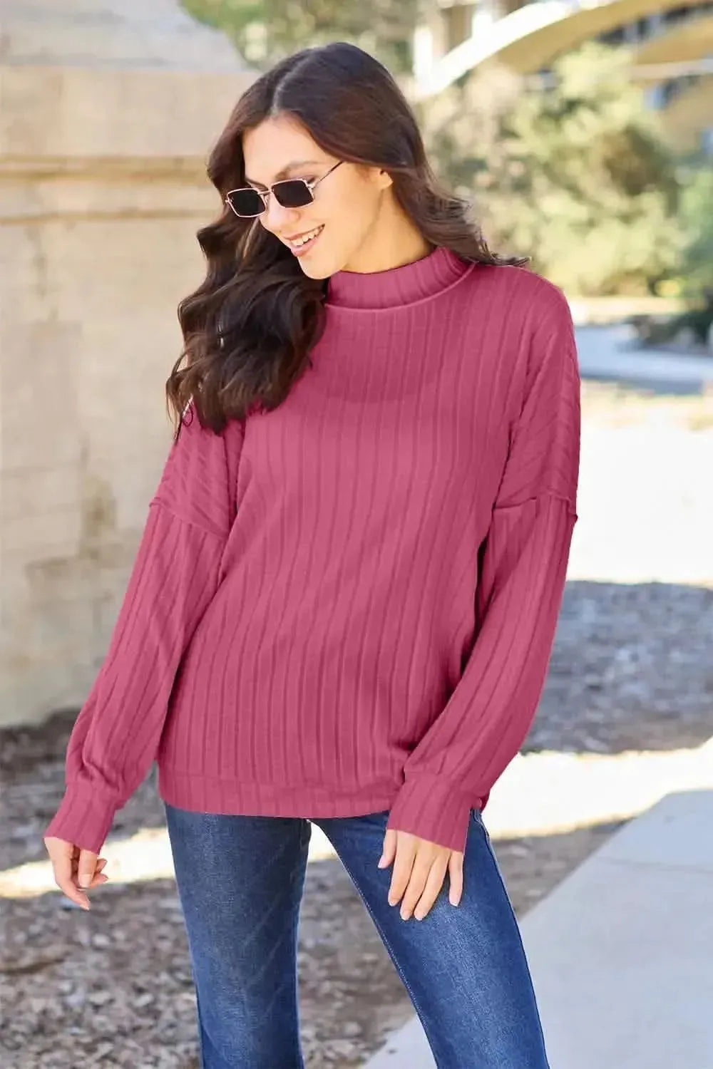 Basic Bae Full Size Ribbed Exposed Seam Mock Neck Knit Top - Bad Moms Club