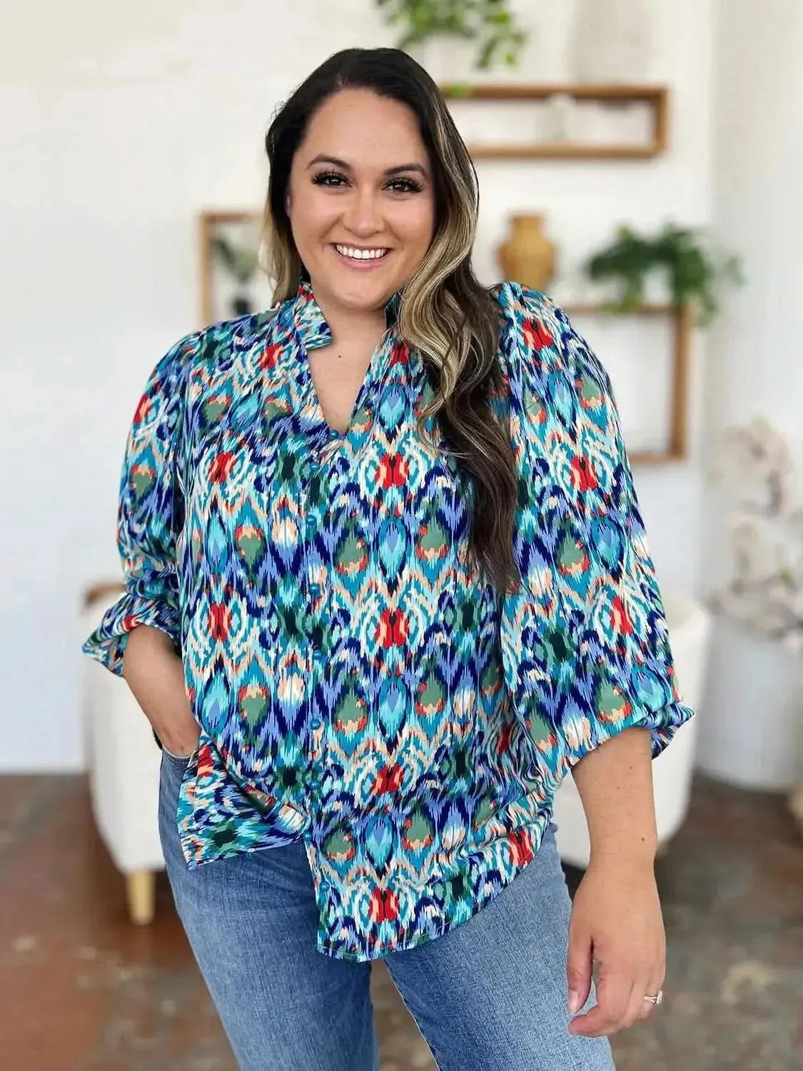 Double Take Full Size Printed Balloon Sleeve Blouse - Bad Moms Club