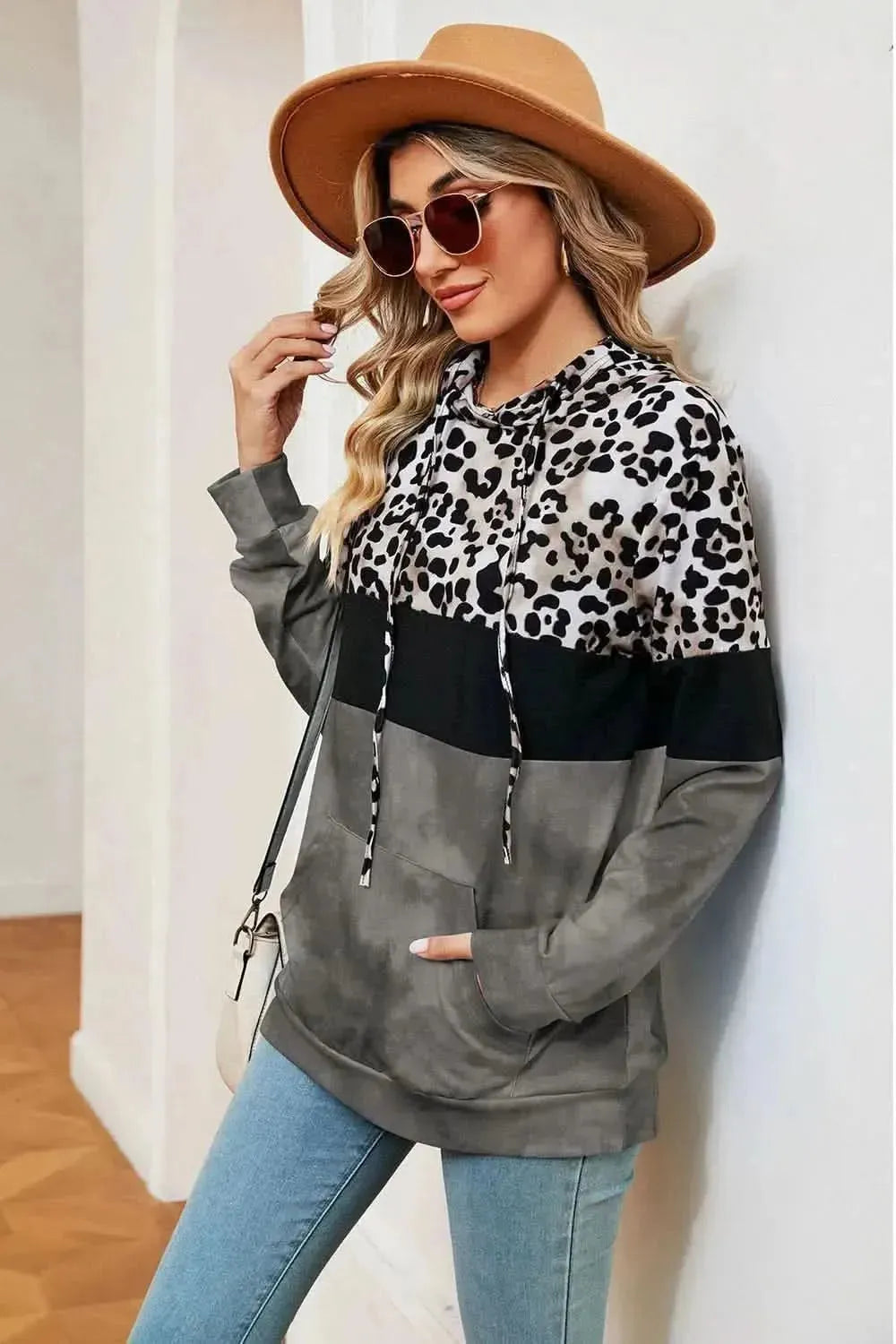 Leopard Drawstring Hoodie with Pocket - Bad Moms Club
