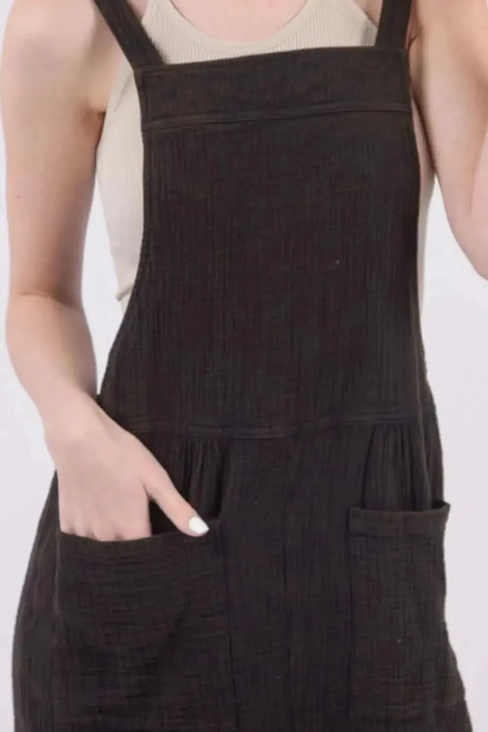 VERY J Sleeveless Double Gauze Overalls with Pockets - Bad Moms Club