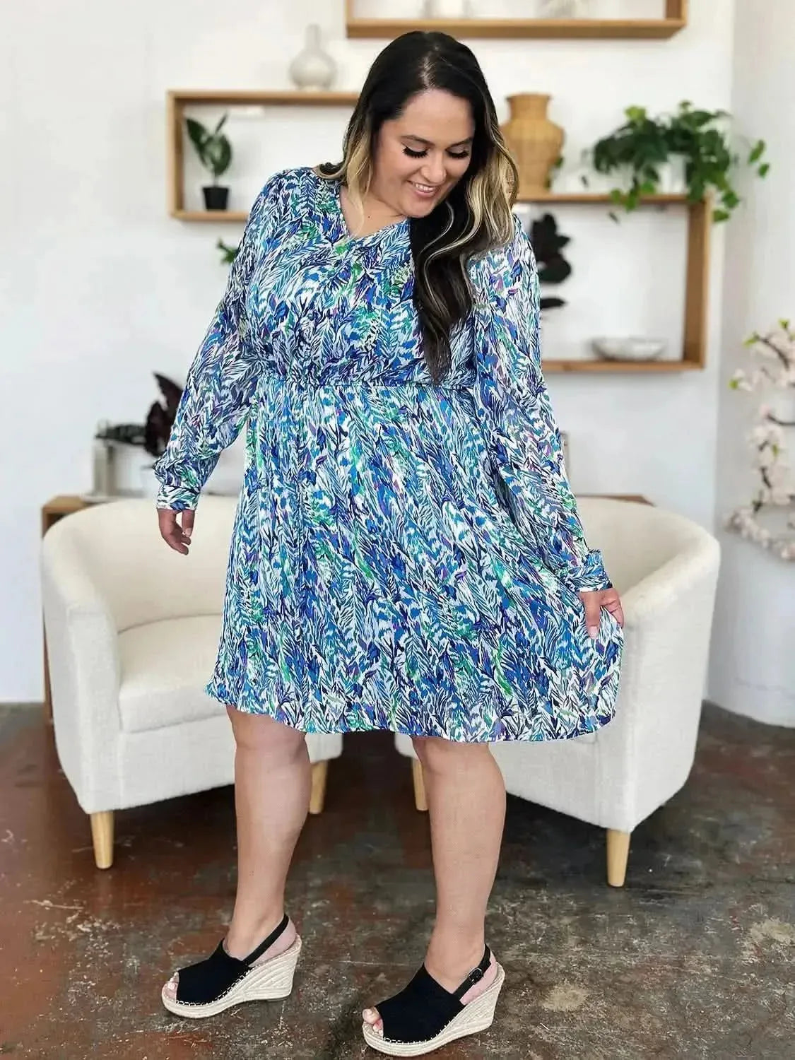 Double Take Full Size Printed Drawstring Waist Long Sleeve Dress - Bad Moms Club
