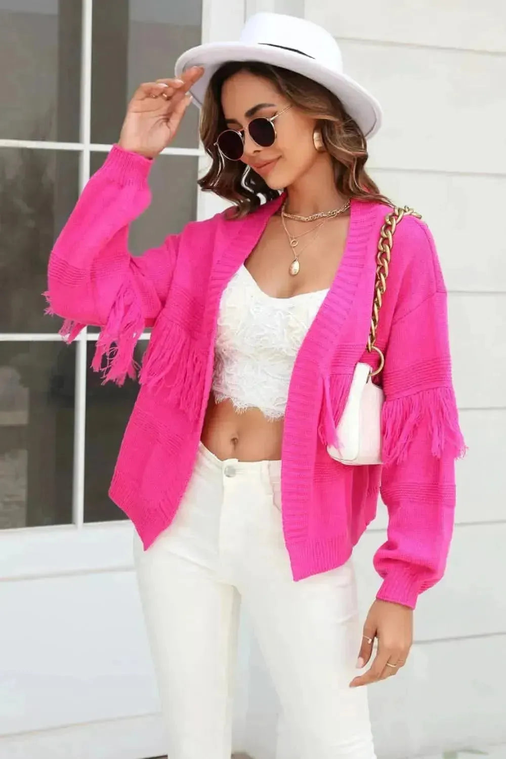 Fringe Trim Open Front Cardigan - Bad Moms Club