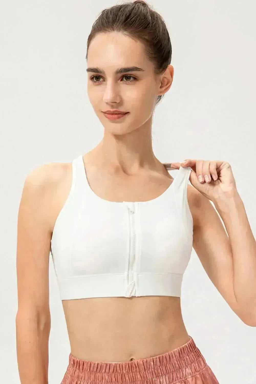 Zip-Up Round Neck Sports Bra - Bad Moms Club