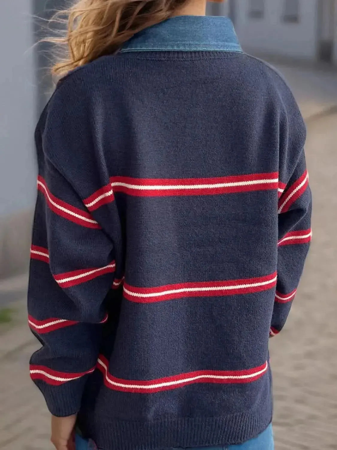 Contrast Stripes Round Neck Long Sleeve Sweater - Bad Moms Club