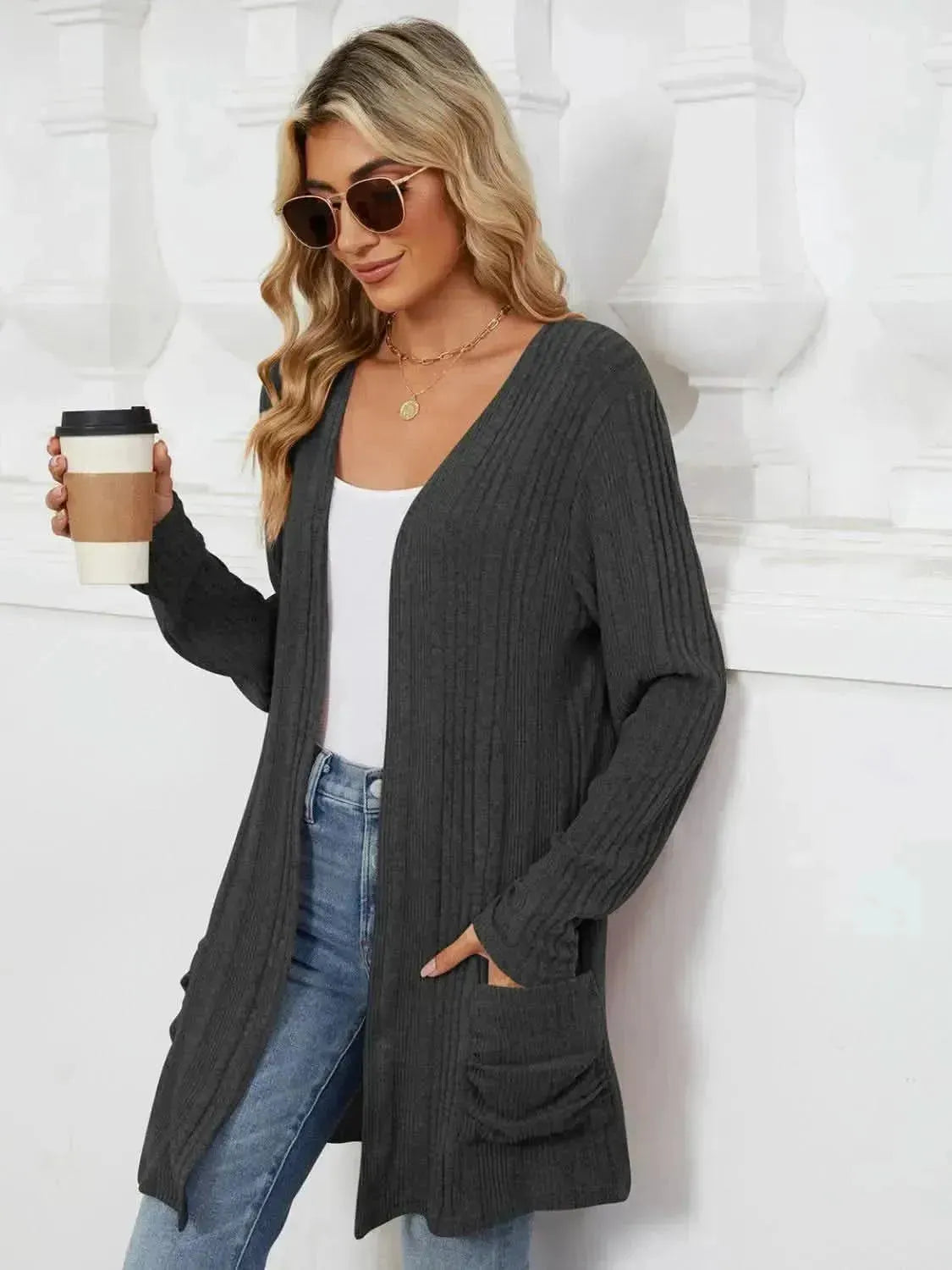 Pocketed Open Front Long Sleeve Cardigan - Bad Moms Club