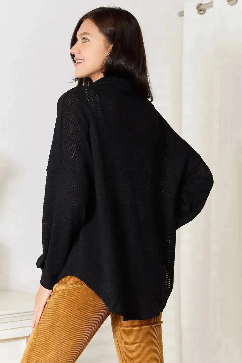 Double Take Waffle-Knit Collared Neck Dropped Shoulder Shirt - Bad Moms Club
