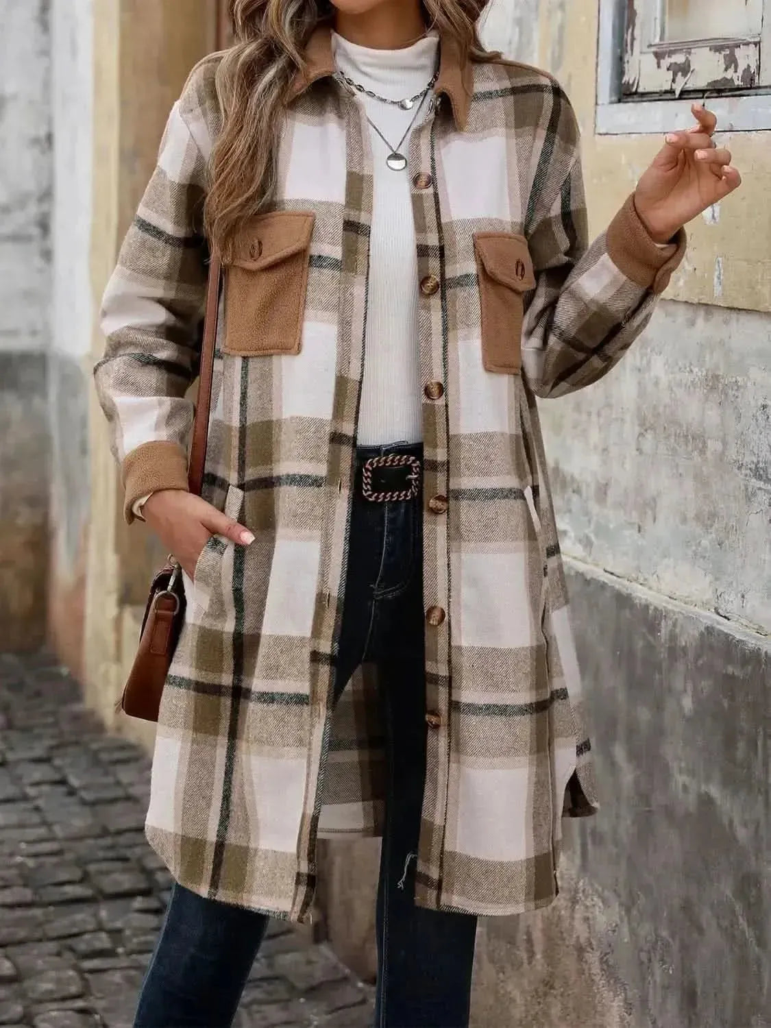 Perfee Plaid Button Up Long Sleeve Coat - Bad Moms Club