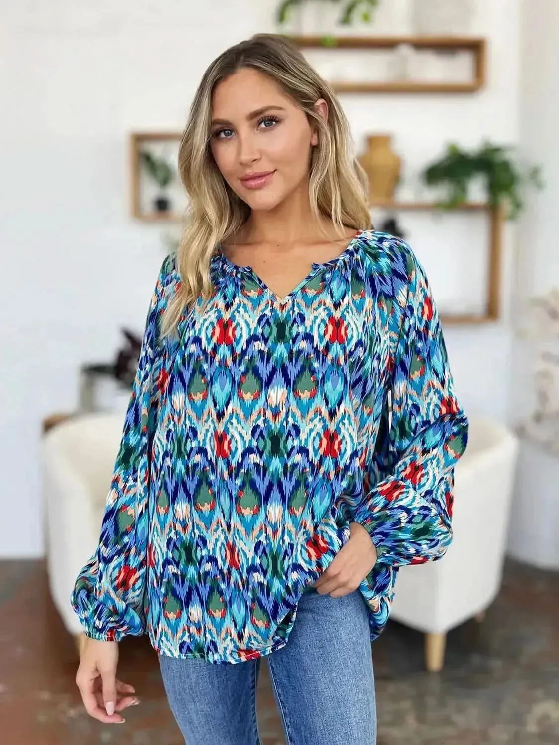 Double Take Full Size Printed Balloon Sleeve Blouse - Bad Moms Club