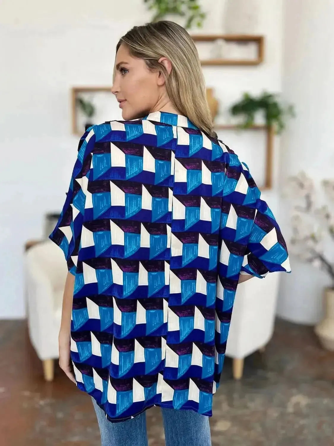 Double Take Full Size Geometric Notched Half Sleeve Blouse - Bad Moms Club