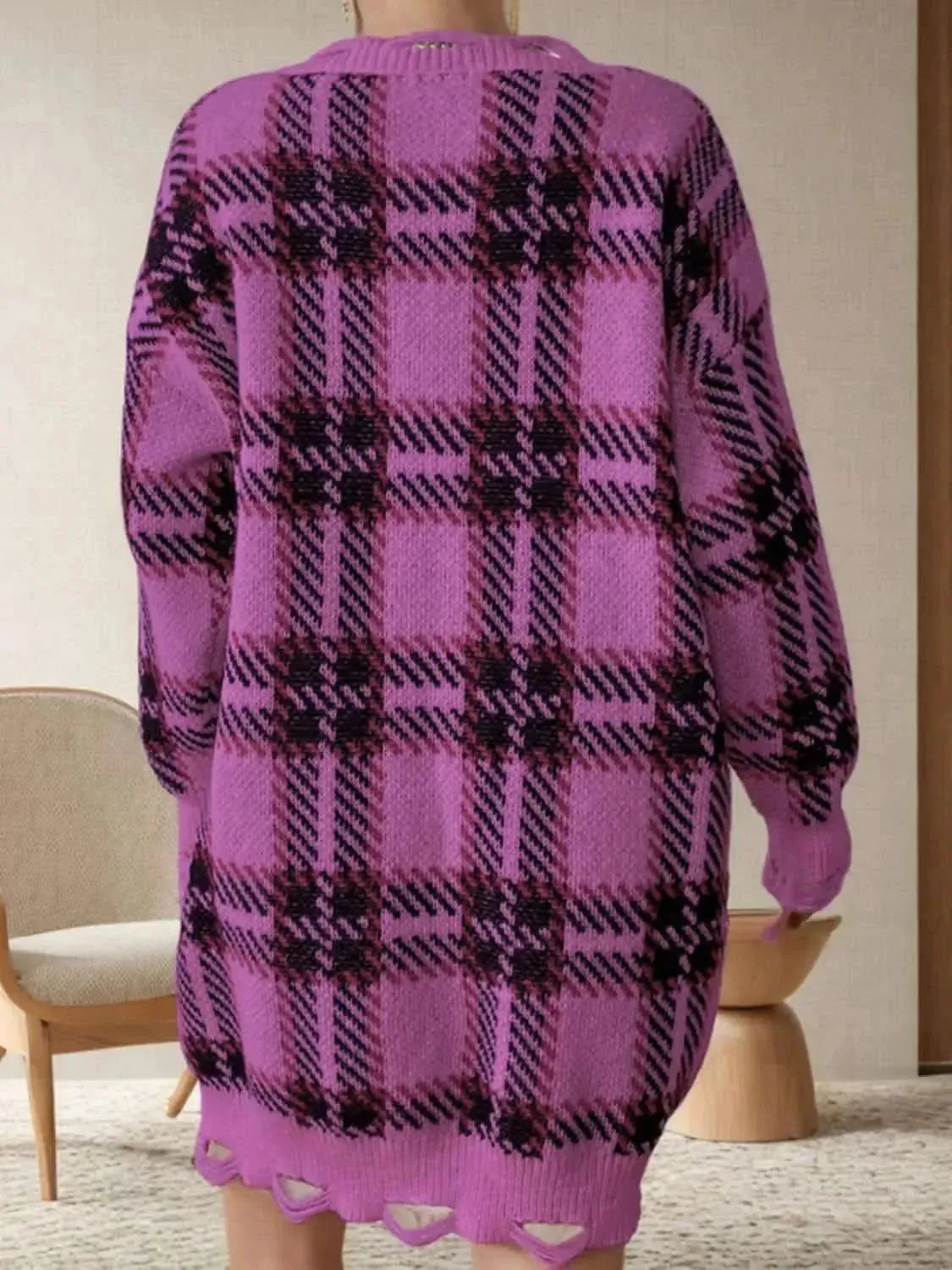 Distressed Plaid V-Neck Long Sleeve Sweater Dress - Bad Moms Club