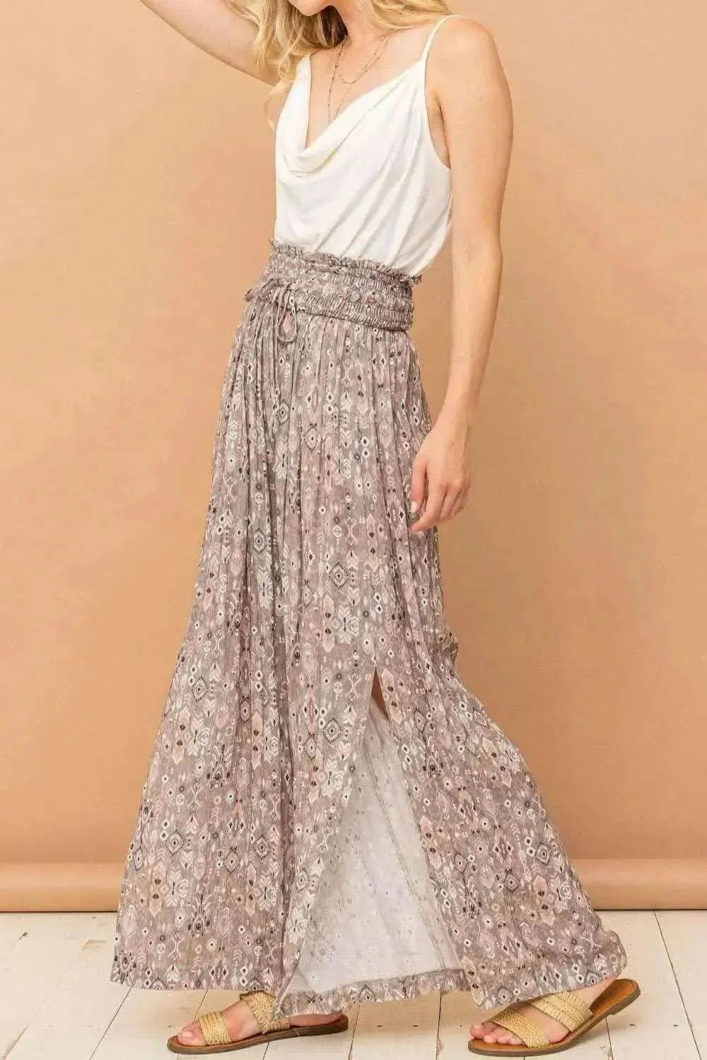 And The Why Printed Smocked Waist Slit Wide Leg Pants - Bad Moms Club