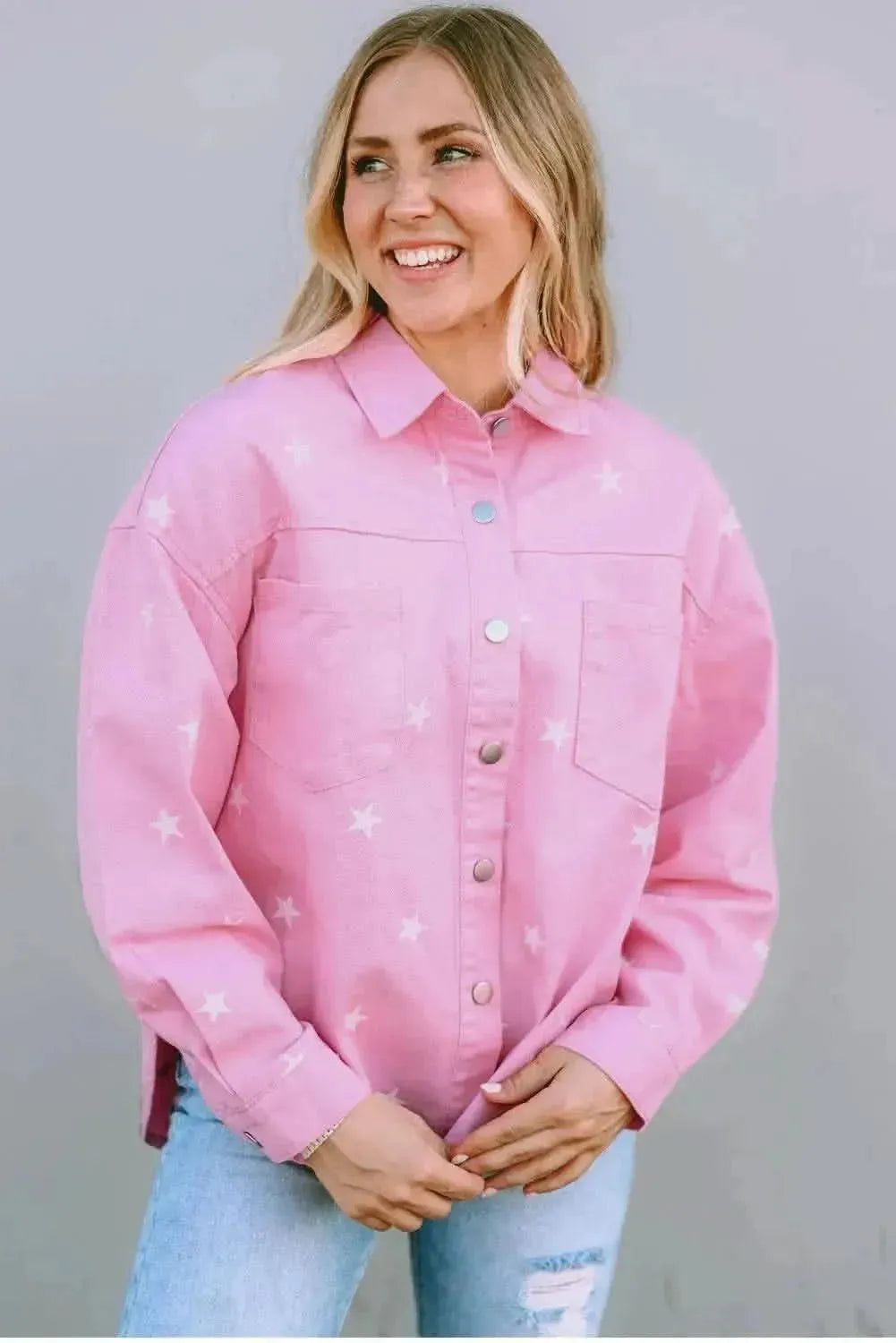 Star Pattern Button Up Slit Denim Jacket - Bad Moms Club