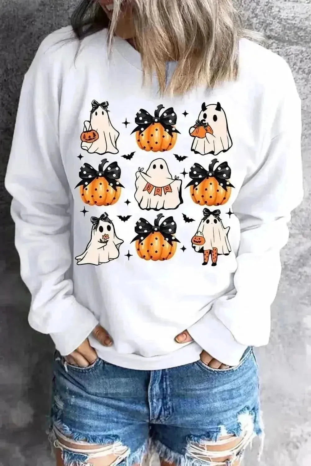 Pumpkin & Ghost Round Neck Long Sleeve Sweatshirt - Bad Moms Club