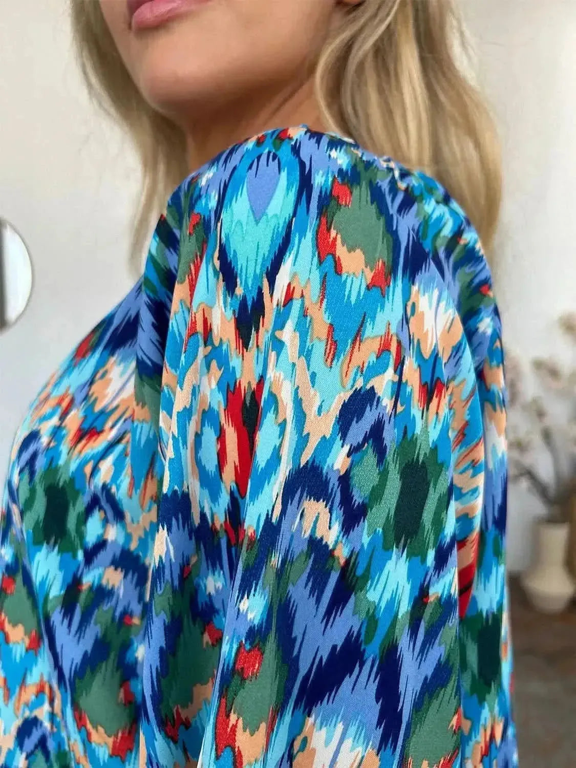 Double Take Full Size Printed Balloon Sleeve Blouse - Bad Moms Club