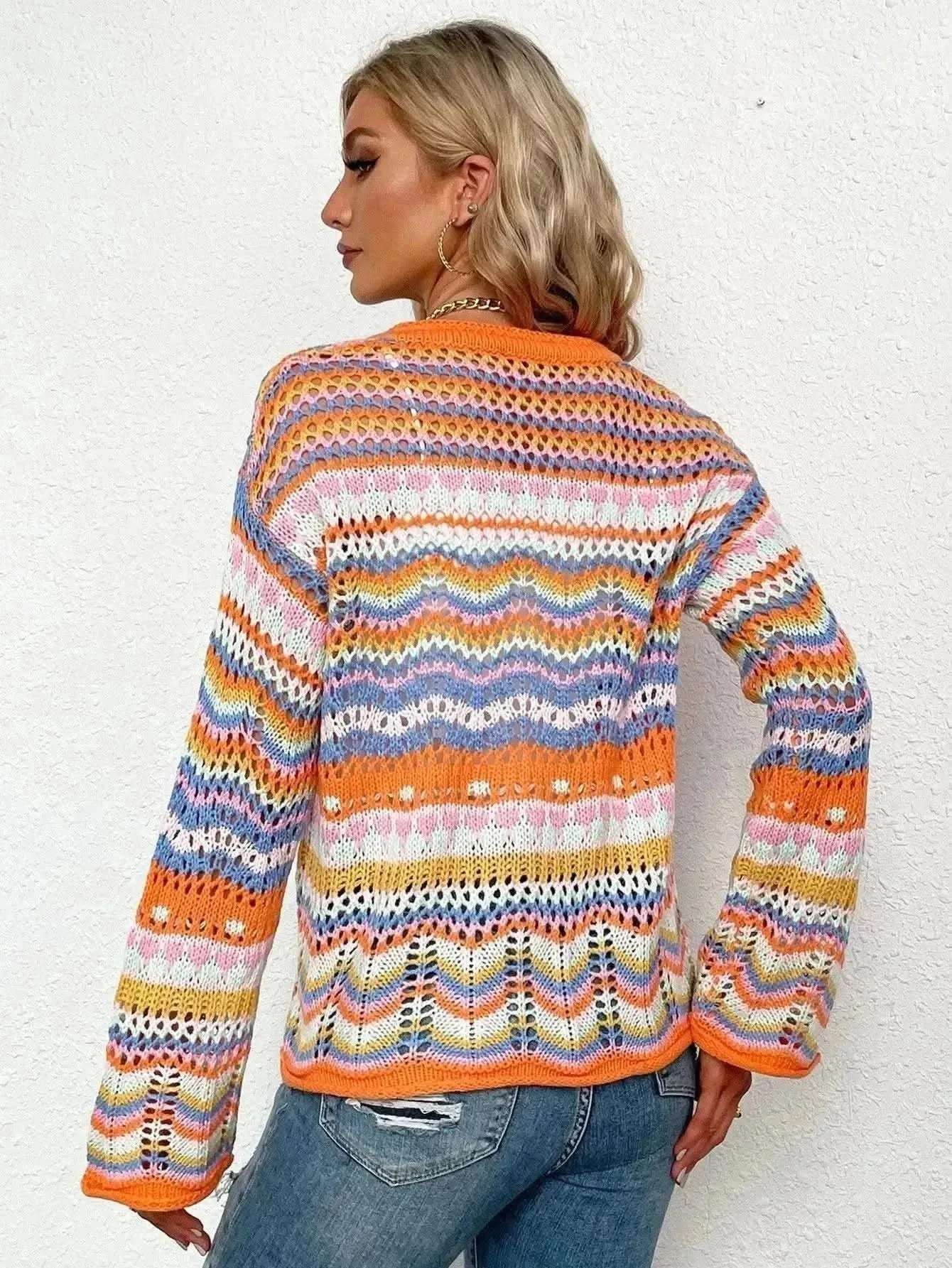 Chevron Stripes Openwork Cardigan - Bad Moms Club